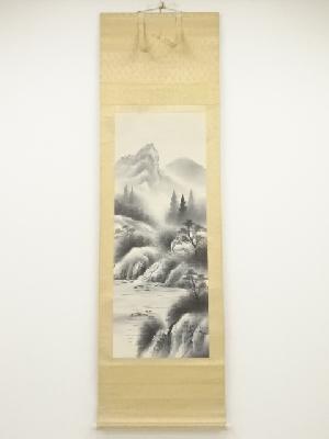 関山筆　水墨山水　肉筆絹本掛軸